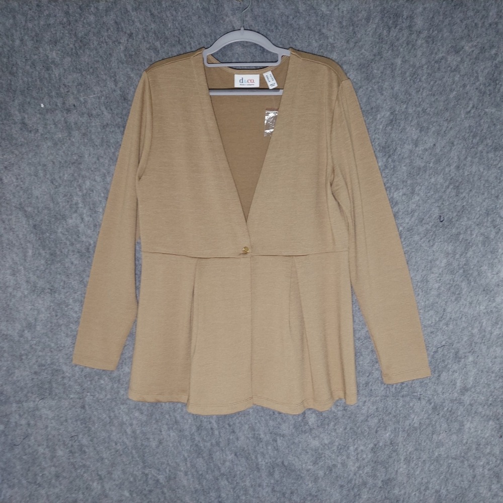 Denim & Co Peplum Cardigan M Tan Minimalist Long Sleeve V Neck Pleated Button